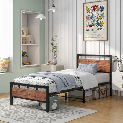HOJINLINERO Metal Single Bed Frames with Wood Headboard,Industrial Bed Frame Single for Adult,Heavy Duty Platfrom Metal Slats Support,Easy