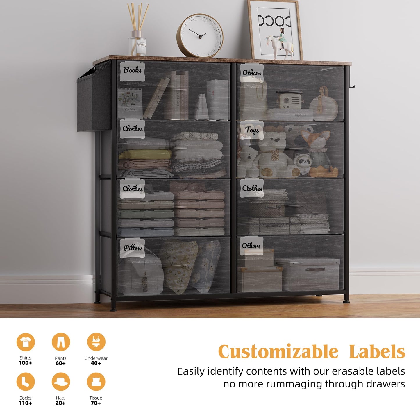 PURFINO Fabric Chest of Drawers - Canvas Storage Unit with 8 Large Drawers, Label Cards, Side Pocket & Hook for Living Room, Hallway, Bedroom