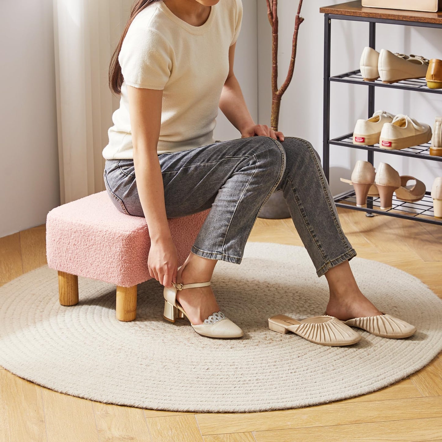 YMYNY Footstool, Rectangle Pouf Ottoman with Stable Wooden Legs, for Couch, Desk, Modern Soft Padded Seat, Change Shoes Stool for Living Room