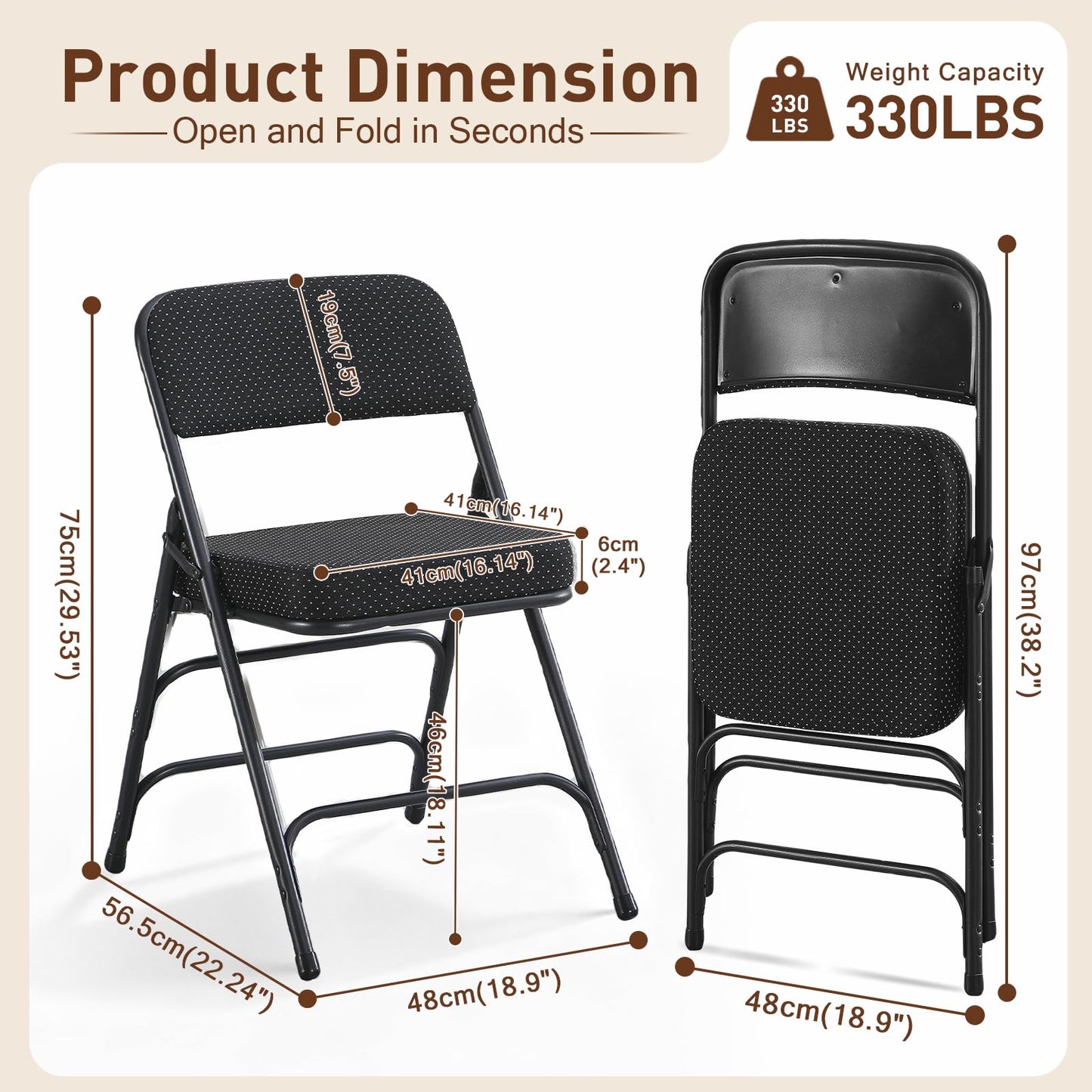 BOOSDEN 2 Pack Padded Folding Chairs with Cushion, Fabric Foldable Chair