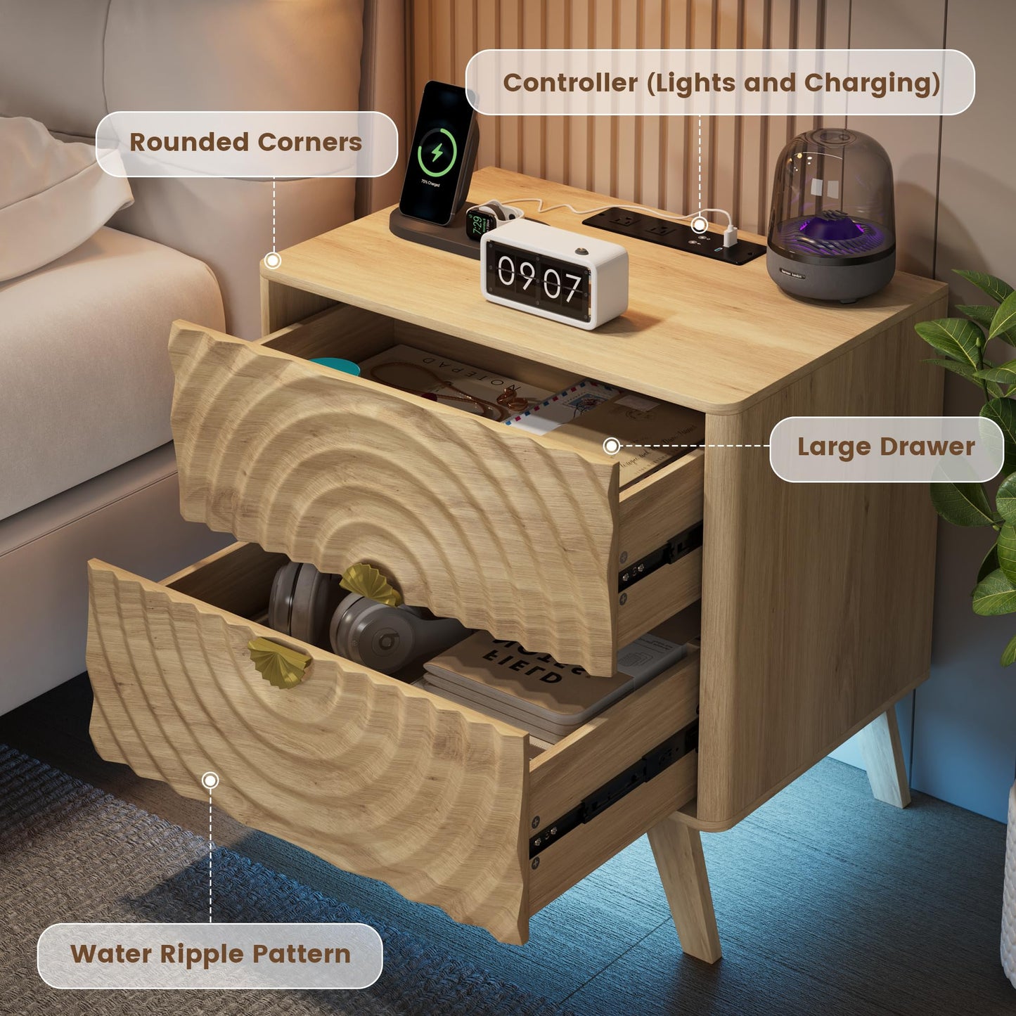 Ripple Led Bedside Table with Charging Station and Human Body Sensor,Nature