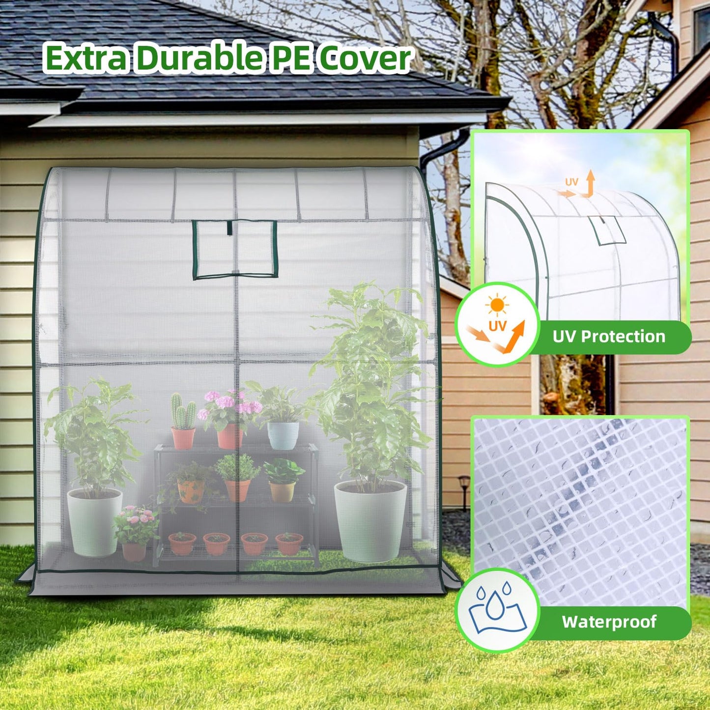 Lean to Greenhouse with Greenhouse Shelving: Ohuhu Portable Walk-in Green House with Mesh Windows 200x100x210 cm Reinforced Lean-to Wall Greenhouses
