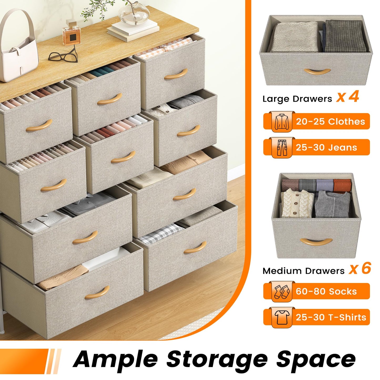 Feonase Chest of Drawers, Bedroom Tall Dresser with 10 Fabric Drawers, Metal Frame & MDF Wood Top, Adjustable Feet