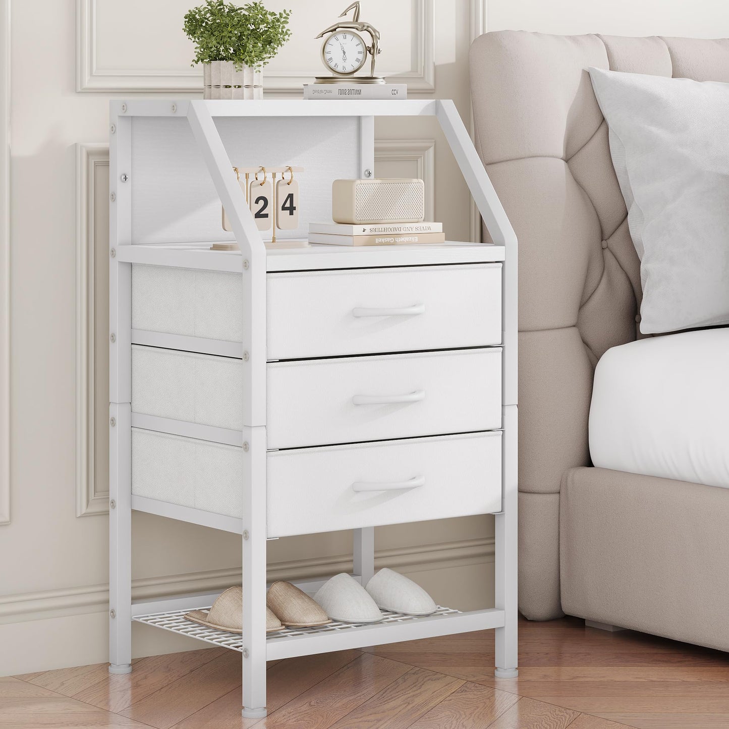 Feonase Bedside Table Wide with 3 Fabric Drawers & Open Shelf Suitable For Bedroom Bed Side Tables, Sofa Side Tables