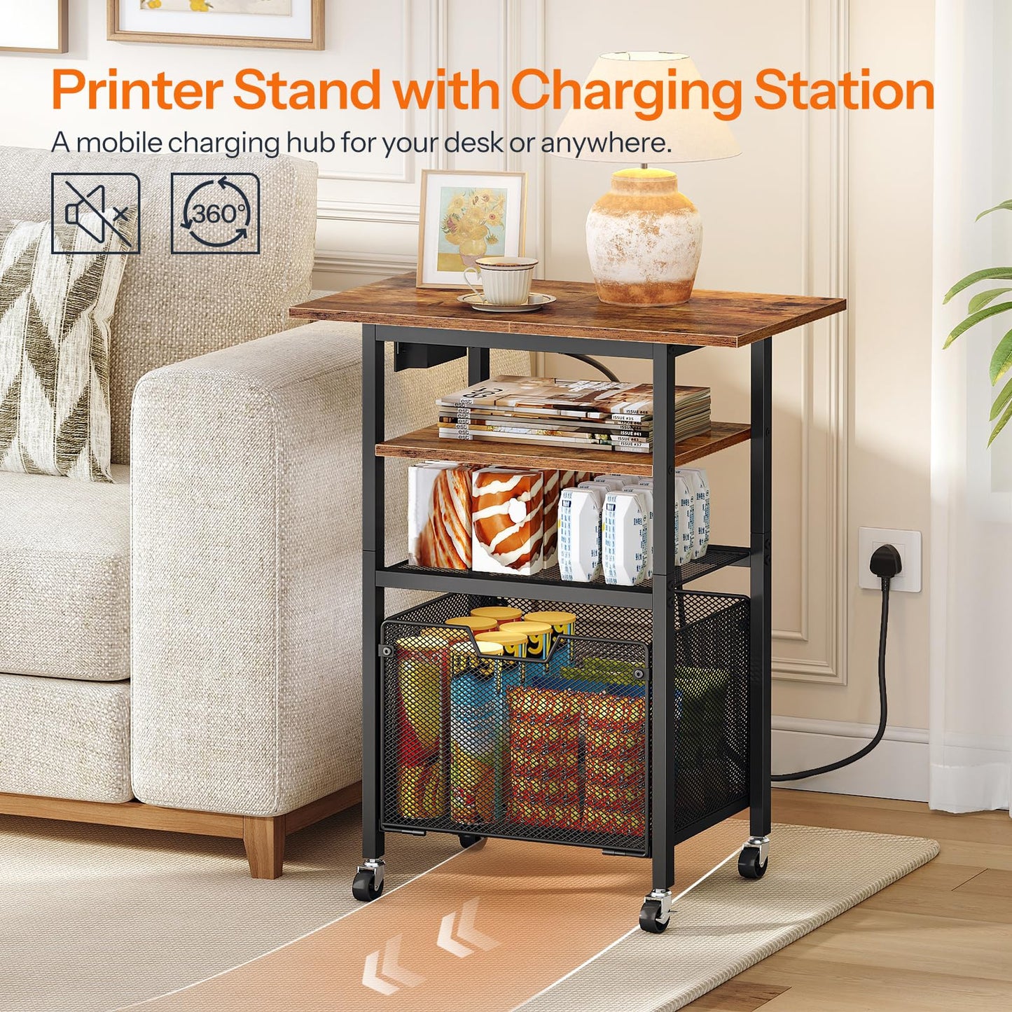 HOOBRO Printer Stand with Charging Station, Rolling Printer Table with File Drawer, 4-Tier Mobile Printer Cart with AC Outlet, Type-C & USB-A Ports