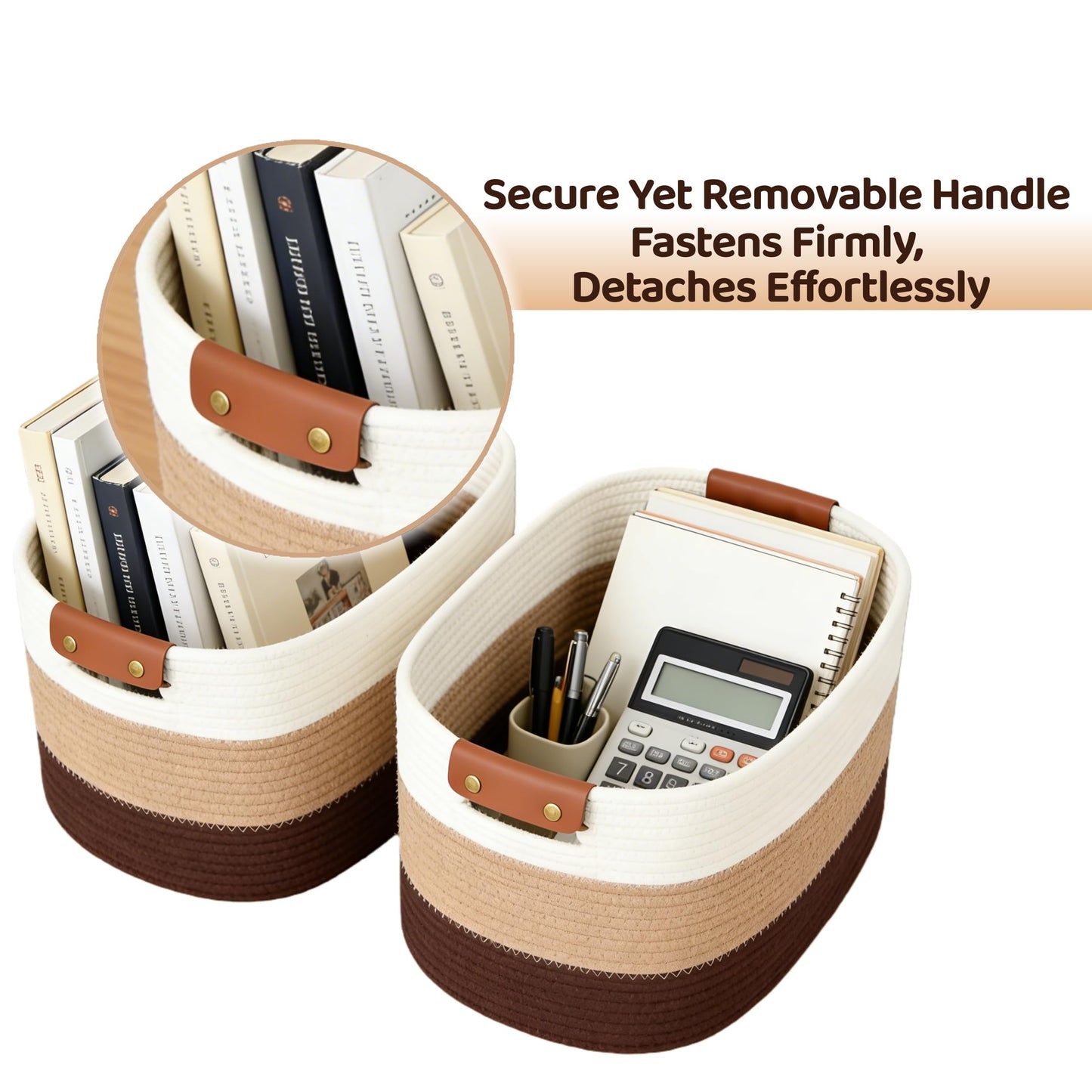 2 Pcs Large Storage Baskets with Detachable Leather Handles, Foldable