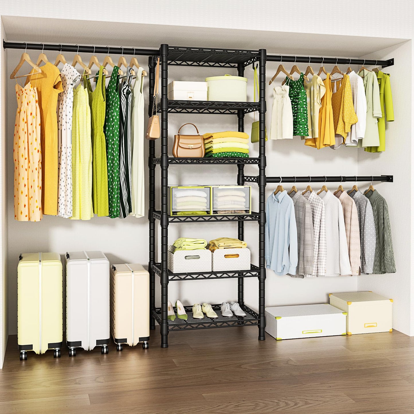 Ulif M5 Wall Mounted Clothes Garment Rack, Heavy Duty Closet Storage and Organizer System with 6 Shelves and 3 Expandable Hanger Rods