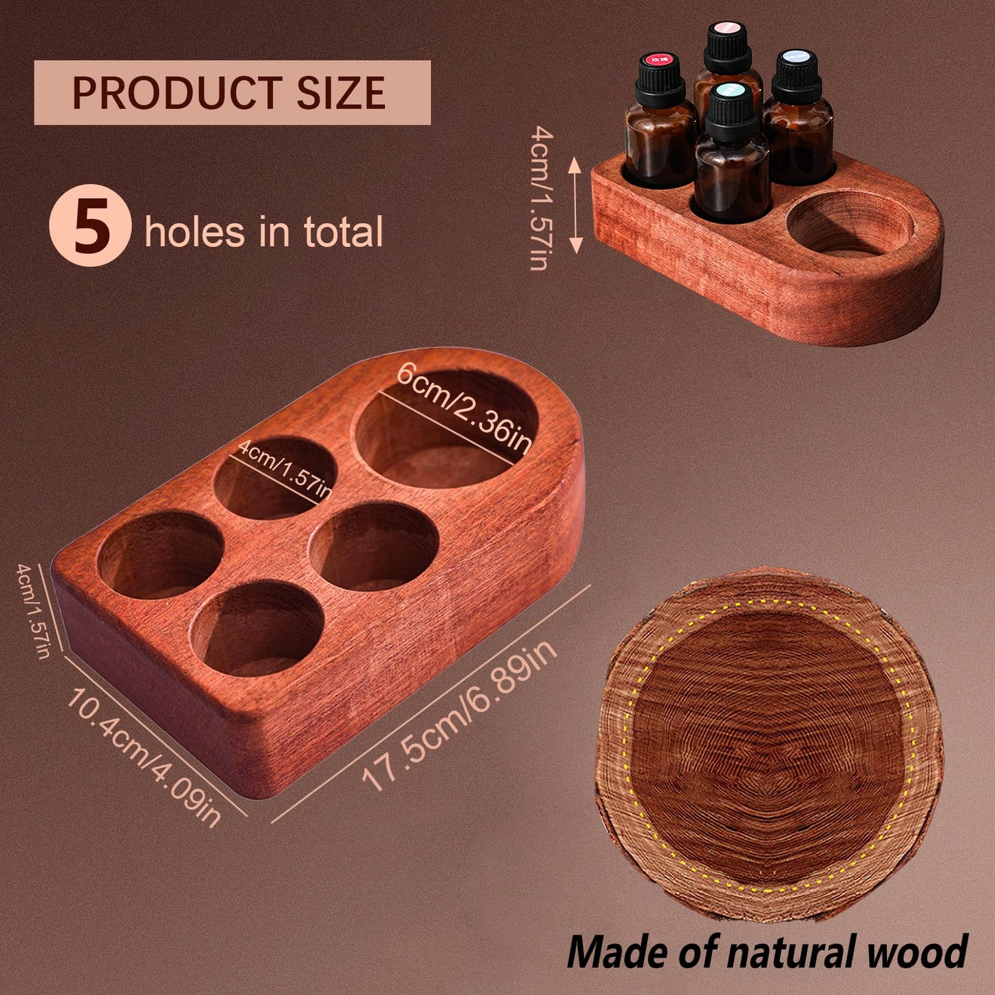 Wisnewth Wooden Essential Oil Holder with 5 Holes (4cmx4 & 6cmx1), Retro Desktop Display Rack for Bathroom Vanity Desk Organizer