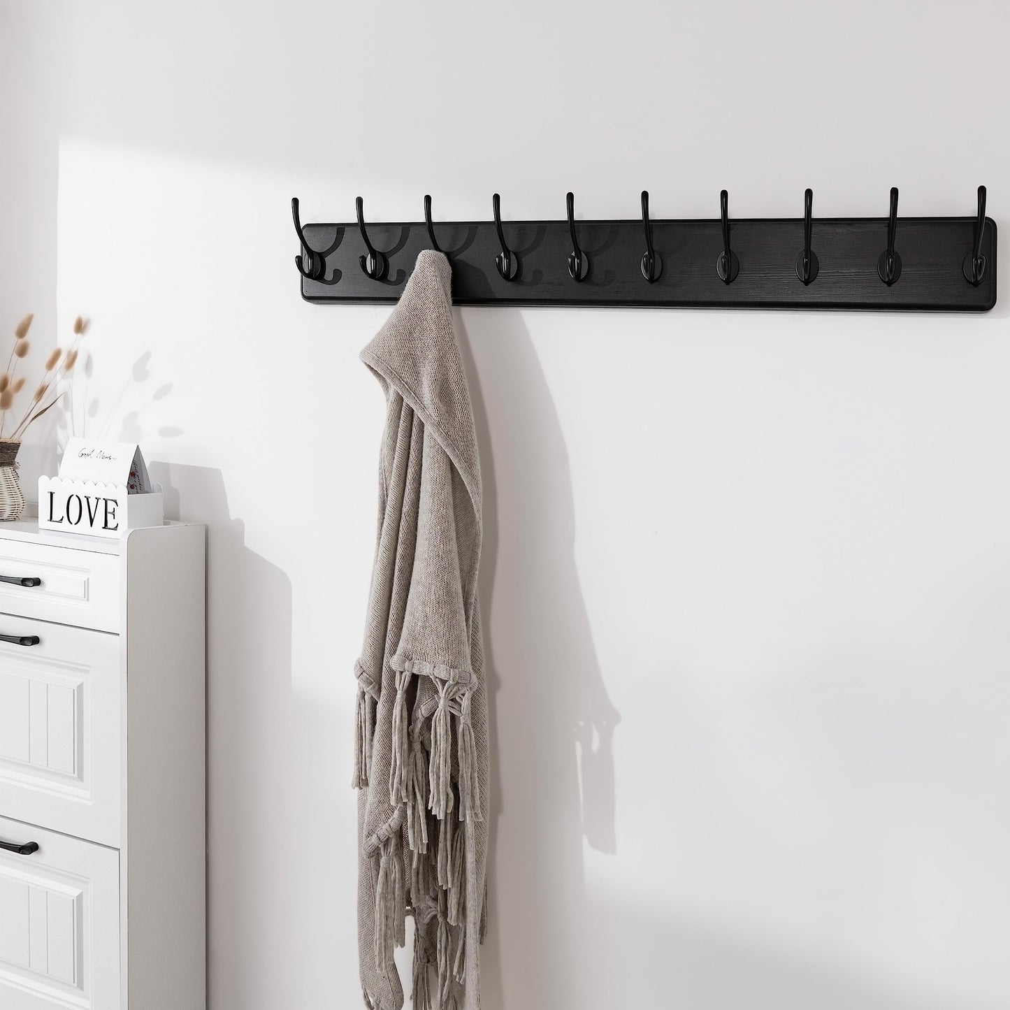 SKOLOO Farmhouse Style Wall Mounted Coat Rack, Pack of 2, Pine Solid Wood Coat Hook Hanger - 10 Hooks for Hanging Clothes Robes Towels Coats