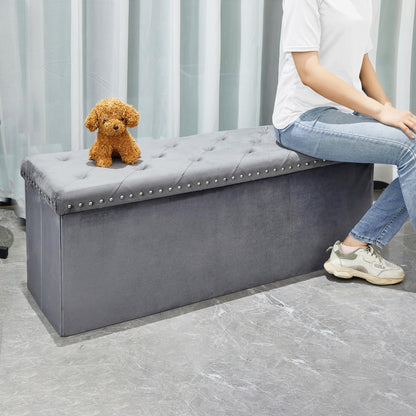 Bonlife Grey Velvet Ottoman Storage,Extra Large End of Bed Storage Box with Lids,Footstool Folding Ottoman Bench Window Seat with Rivet,110x40x40cm