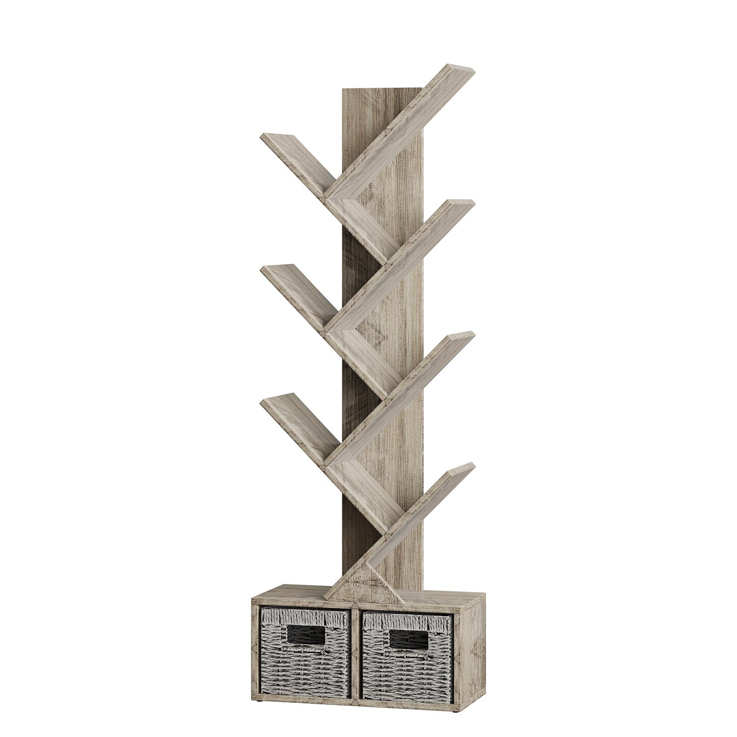 Vagusicc 6 Tier Tree Bookshelf with 2 Storage Baskets, Tall Display Shelf Organizer for Books, Magazines, Home Decor