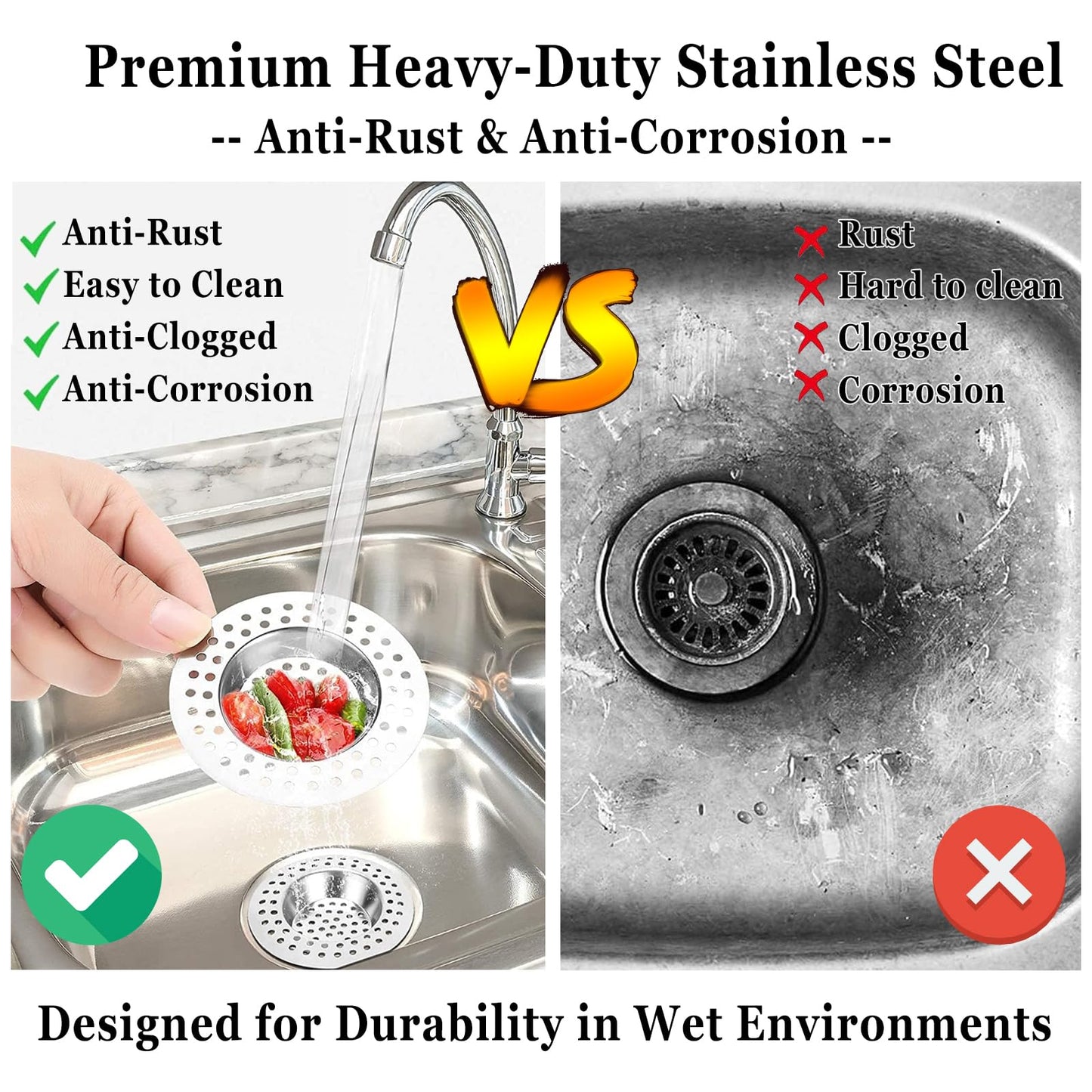 Stainless Steel Kitchen Sink Strainer Plug, Standard Strainer Drain Protector Hair/Food Catcher for Bathroom, Kitchen, Shower