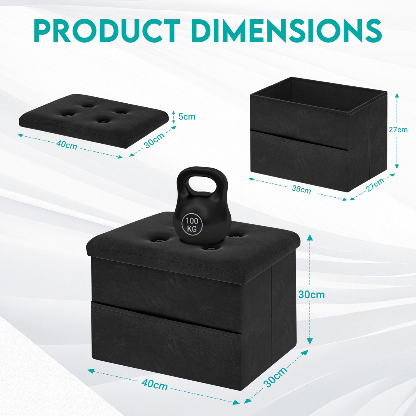 ZOESTORAGE Ottoman Storage,Small Black Ottoman Storage Box,Ideal for Living Room,Bedroom,Dorm,40 x 30 x 30 cm,Black