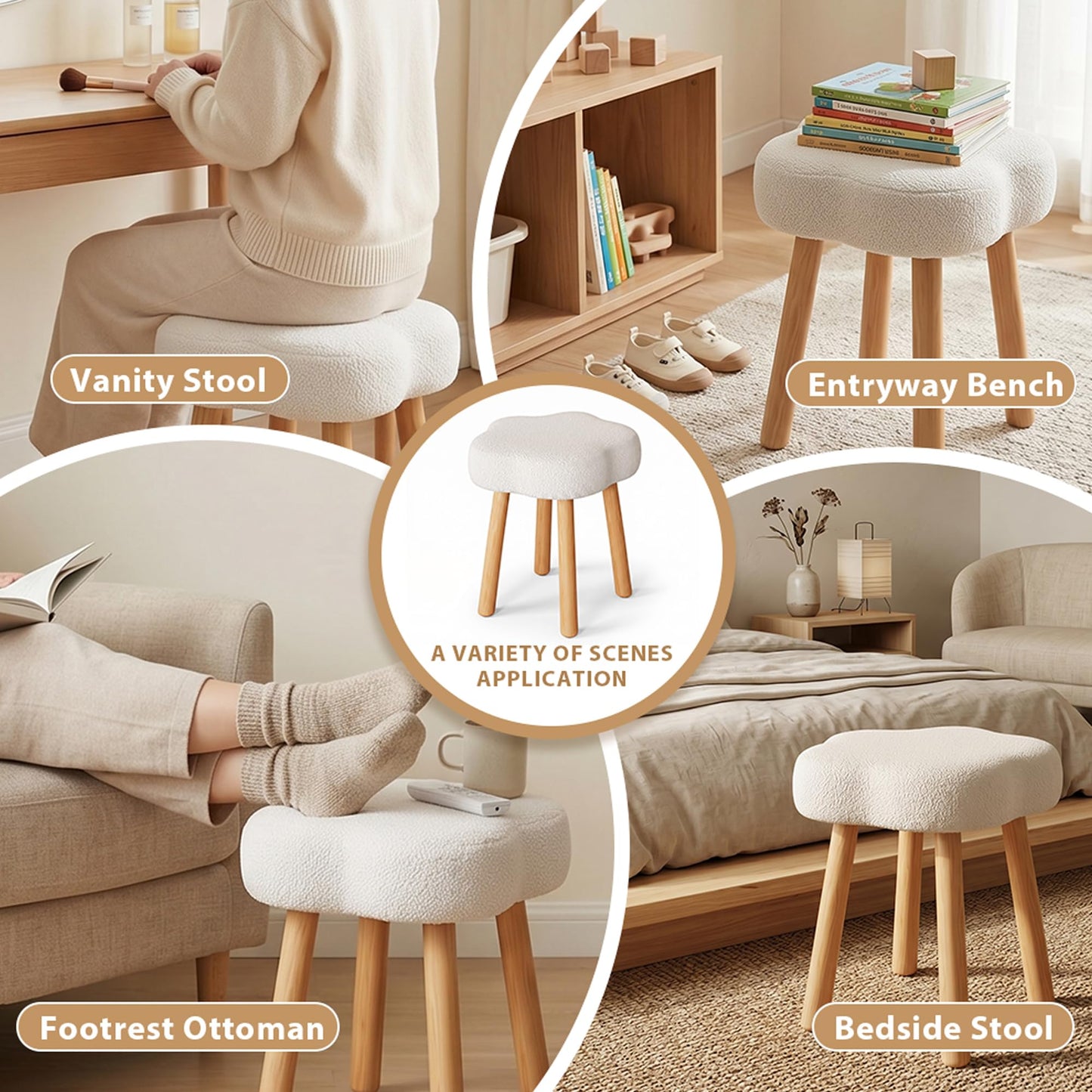 Cmishe Cloud Vanity Stool with Solid Beech Wood Legs, 20" Height Boucle Makeup Chair for Bedroom, Flower Shaped Upholstered Ottoman