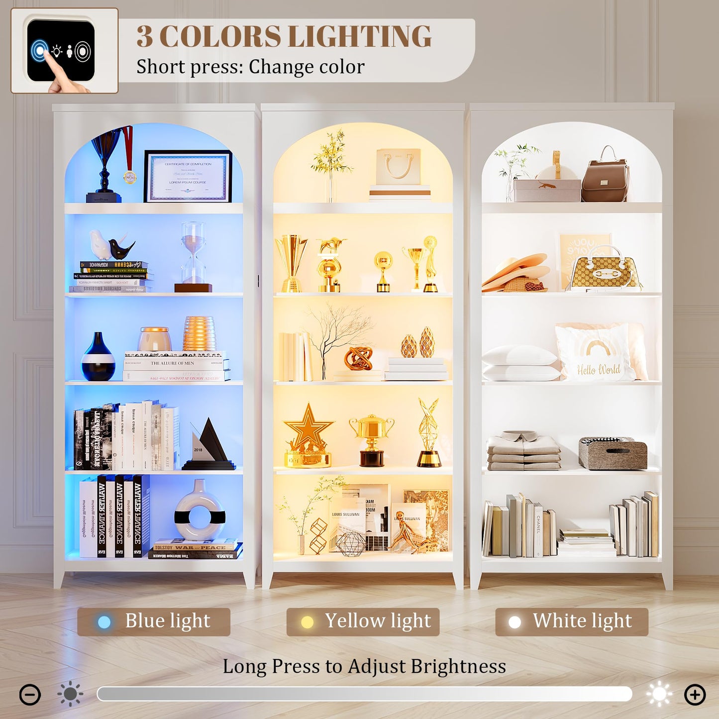 FREDEES Arched Bookcase with LED Lights, 175CM Tall, White