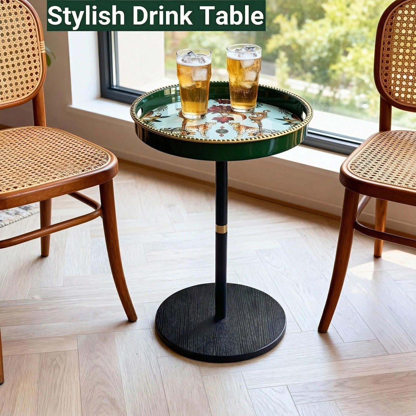 Simmer Stone Boho Round Side Table With Tray Top, Pedestal Drink Table for Small Spaces, Aesthetic Accent Nightstand for Living Room, Corners