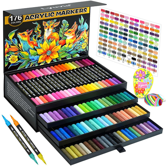 Lyuvie 176 Colours Acrylic Paint Markers,88 Pack Acrylic Paint Brush Tip Pens for Rock Fabric Stone Wood Glass Plastic Paper