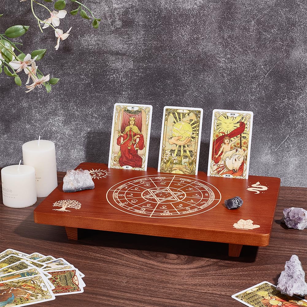 UNICRAFTALE Altar Tables Wooden Small Altar Table 20.3x30.5cm Saddle Brown Meditation Tables Engraved The Twelve Zodiac Rings Tree of Life Pattrns on