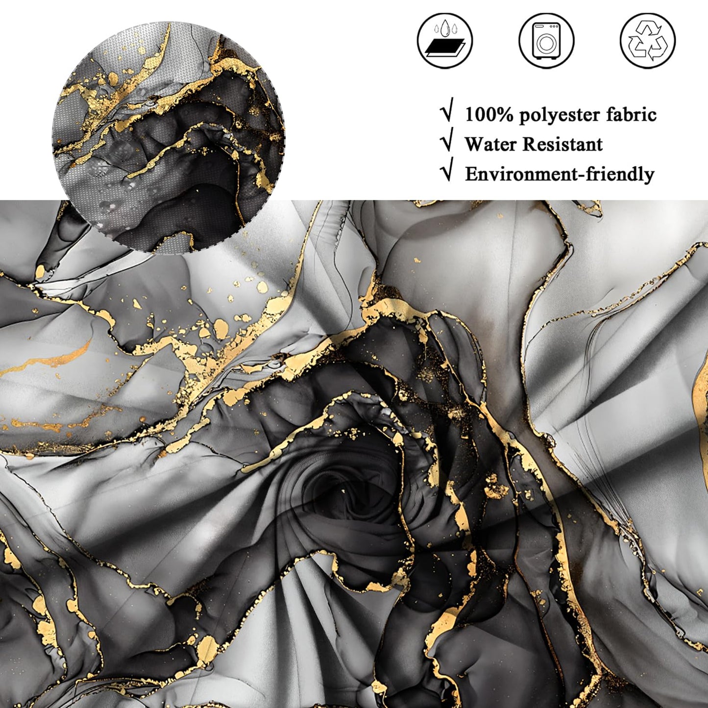 ASDCXZ Black Marble Shower Curtain 180x200 cm, Modern Abstract Art Gray Black Gold Marble Optics Texture Waterproof Bath Curtain Polyester Textile