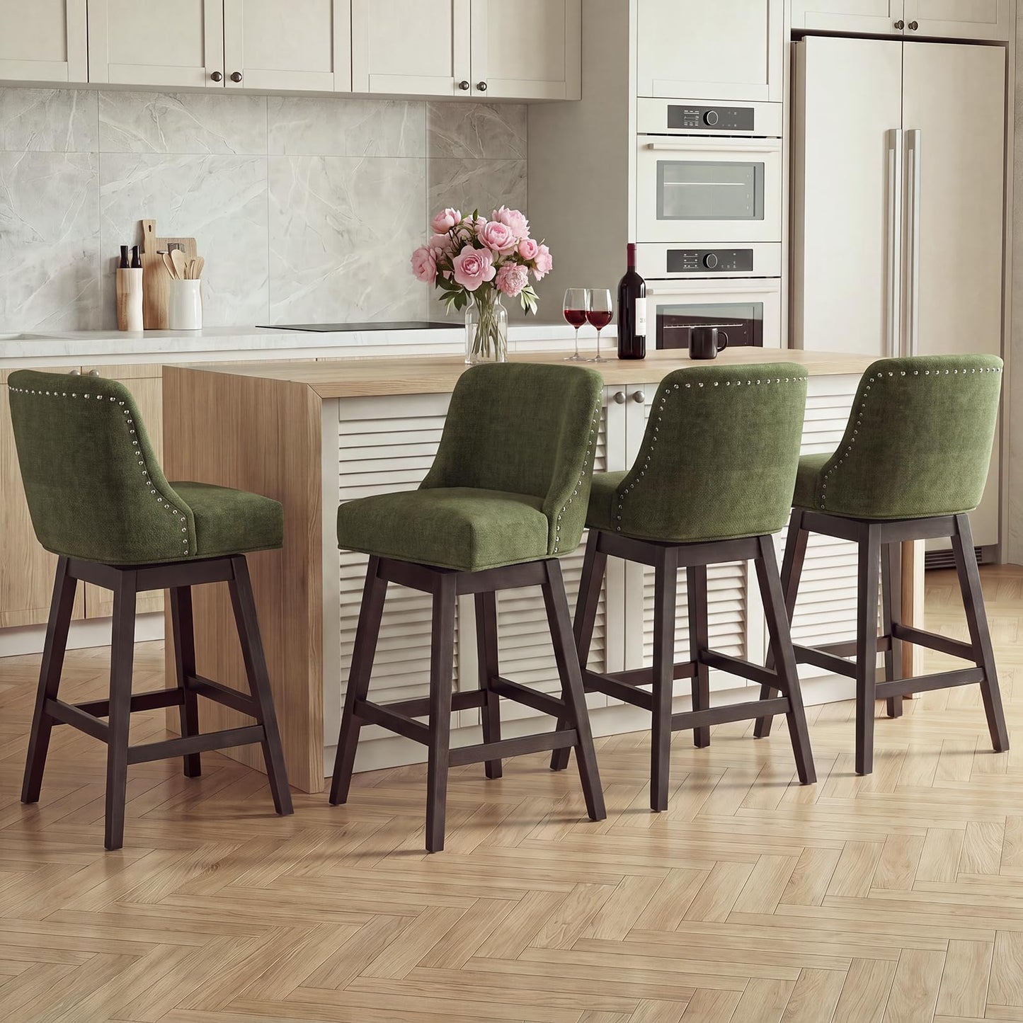 Bar Stools Set of 4, 360° Swivel Upholstered Counter Stools with Back, Wooden Frame Kitchen Bar Chairs with Nailhead Trim