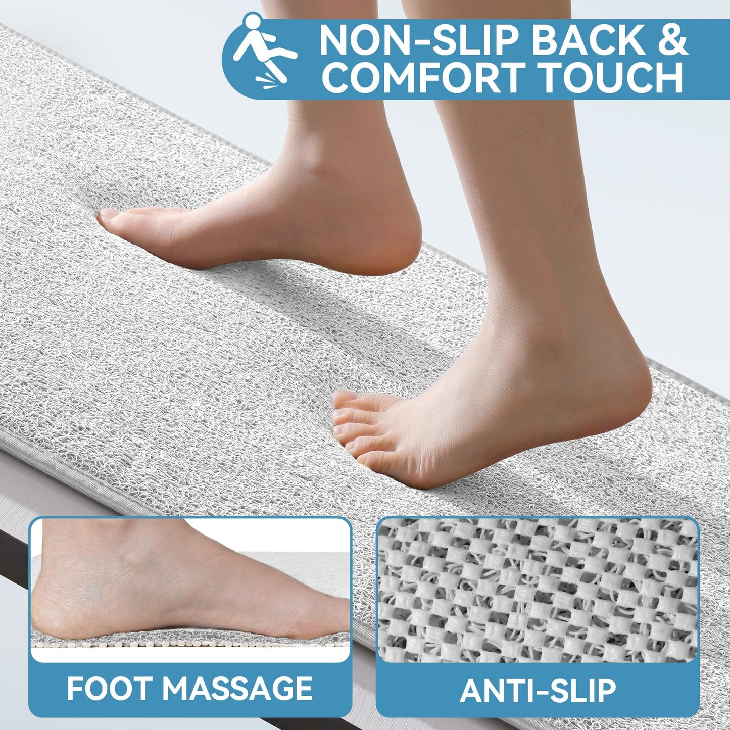 Muecleao Loofah Shower Mat, Non Slip Anti Mould Bath Mats with Reinforced Edge for Inside Shower, Washable Antibacterial Soft PVC Bath Mat with Drain