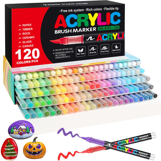 Gelanty Acrylic Paint Pens, 120 Colors Paint Markers with Flexible Brush Tip, Direct Liquid Acrylic Pens for Rock Painting, Ceramic, Wood, Glass