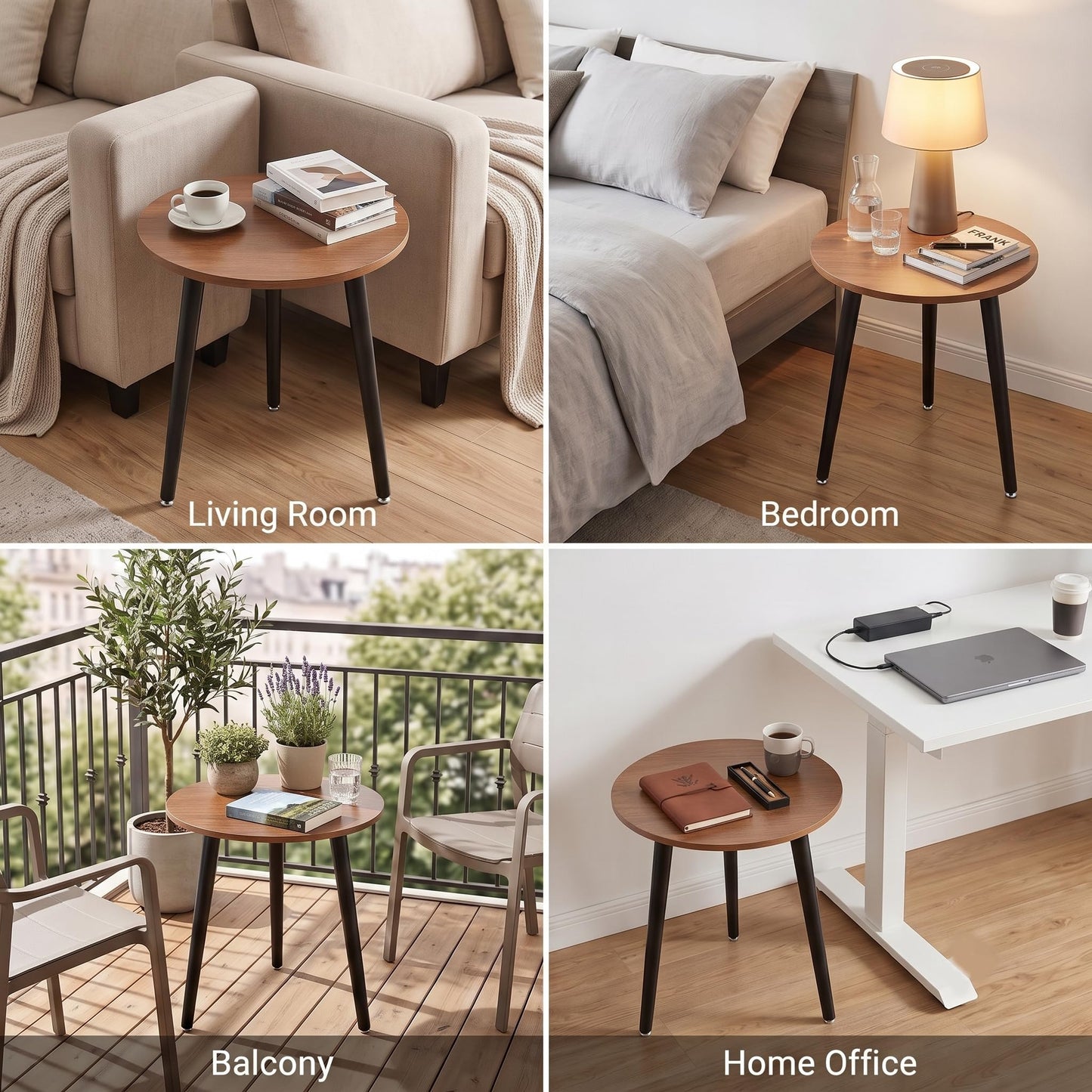 APICIZON Round Side Table, Small End Table with Reinforced Metal Connectors, Walnut Wooden Bedside Table for Living Room, Bedroom