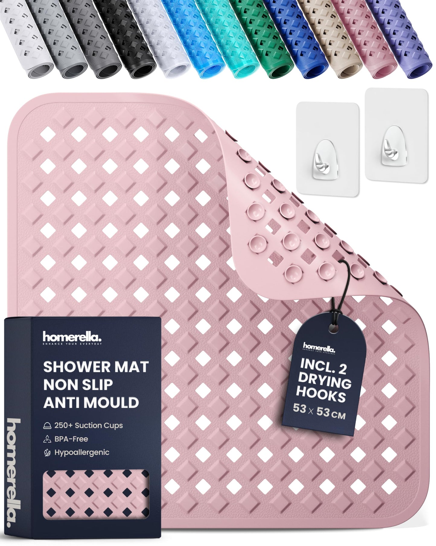 homerella Shower Mat Non Slip Anti Mould 53x53cm, Incl. Hooks for Drying