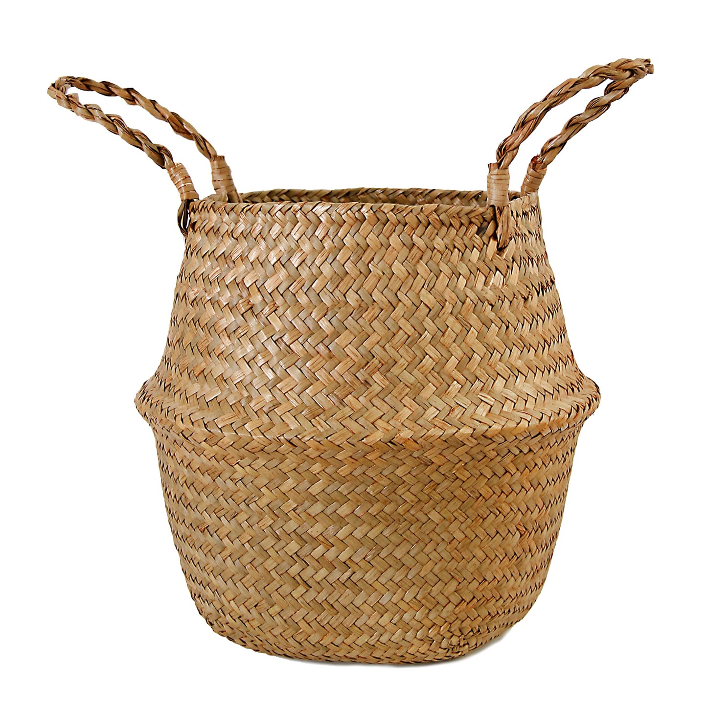 FEILANDUO Seagrass Belly Basket Woven Plant Pot with Handle, Natural Foldable Laundry Toy Storage Baskets for Shelves