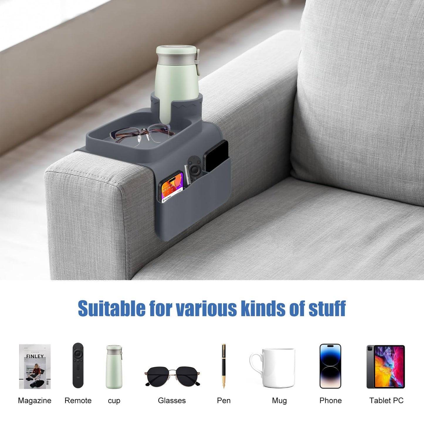 Seahelms Sofa Couch Cup Holder Silicone Sofa Arm Tray with Dual Side Pockets Anti-Slip Desk Chair Sofa Armrest Organizer Sofa Drink Holder for
