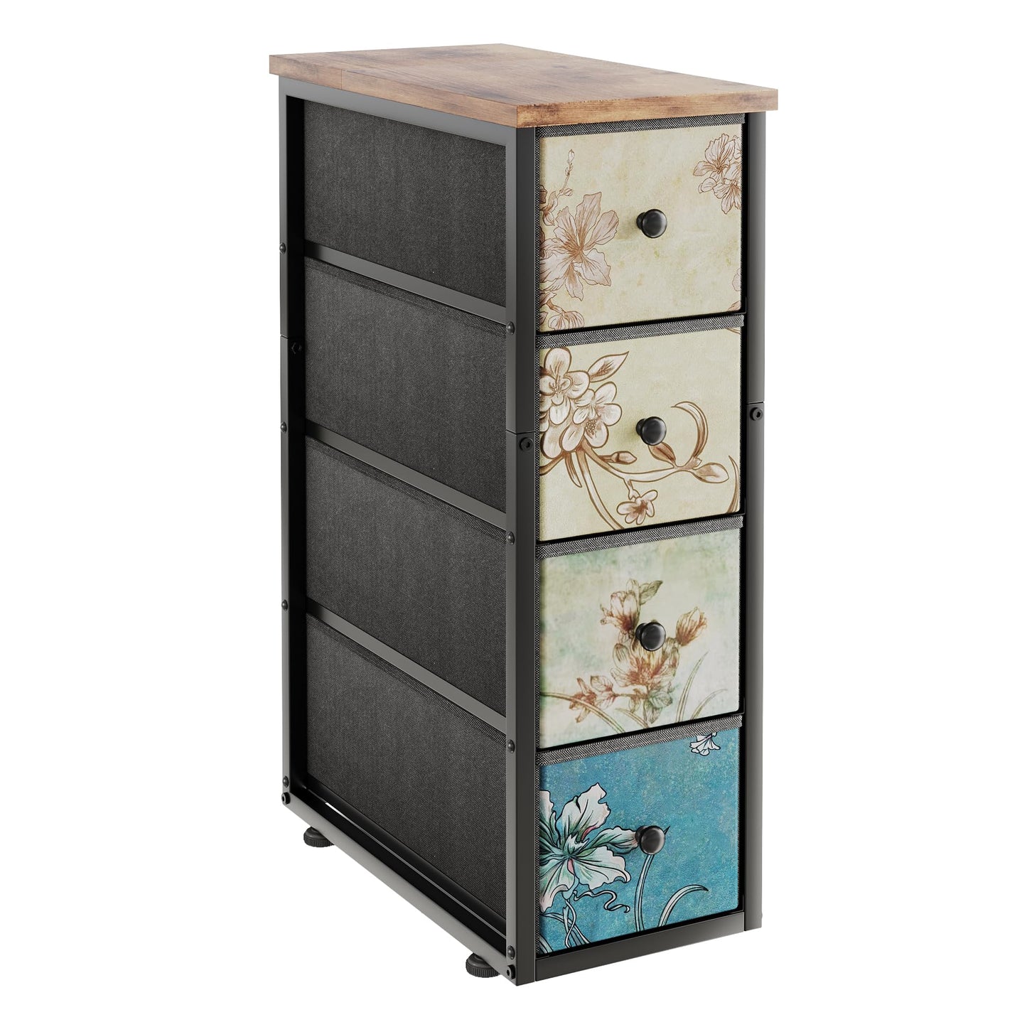 COTUBLR Chest of Drawers with 4 Drawers Tall Dresser for Bedroom Retro Floral Pattern Clothes Storage Organiser Unit for Living Room Entryway Closet
