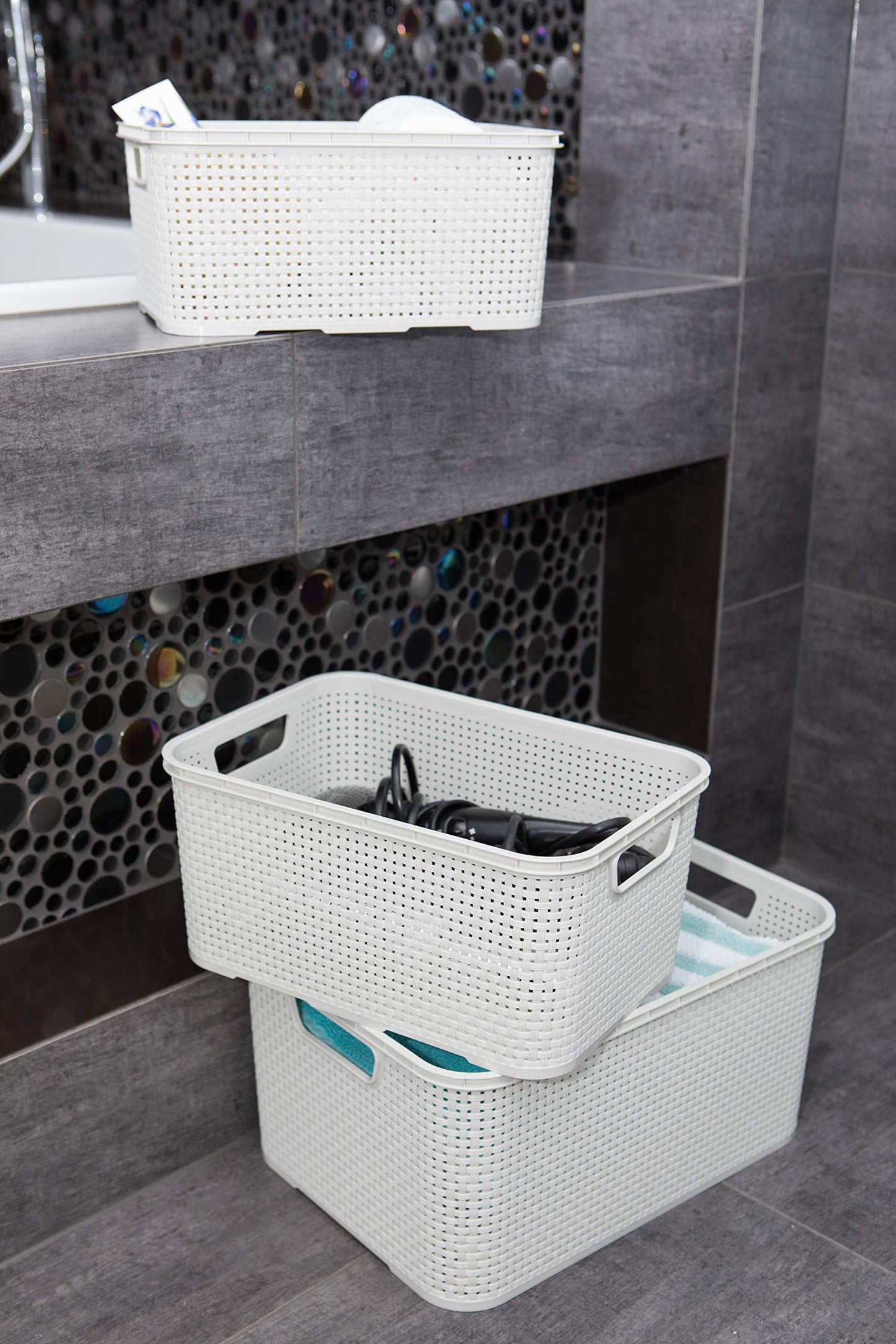BranQ Home Essential Universal Multifunctional Basket in Rattan Design, Size S 7L, BPA-Free Plastic PP, Cream, 28.5 x 19.5 x 12.9 cm