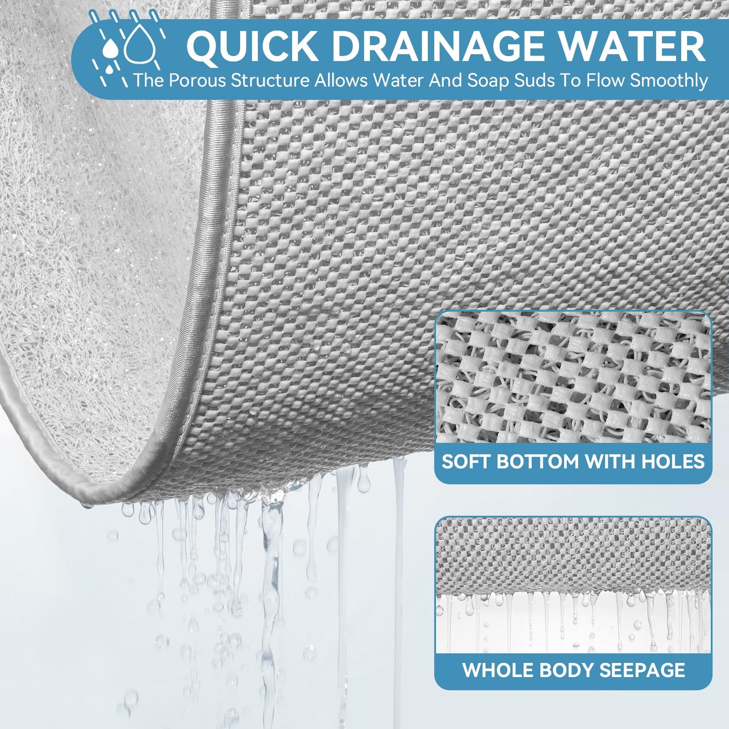 Muecleao Loofah Shower Mat, Non Slip Anti Mould Bath Mats with Reinforced Edge for Inside Shower, Washable Antibacterial Soft PVC Bath Mat with Drain