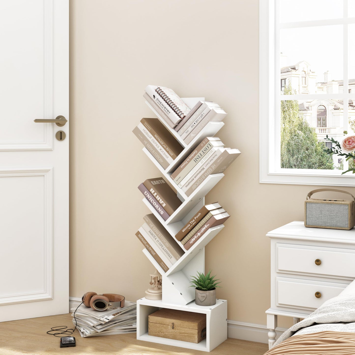 Hoctieon 6 Tier Tree Bookshelf, Tall Bookcase with Drawer, Freestanding Book Shelf, Display Floor Standing Storage Shelf