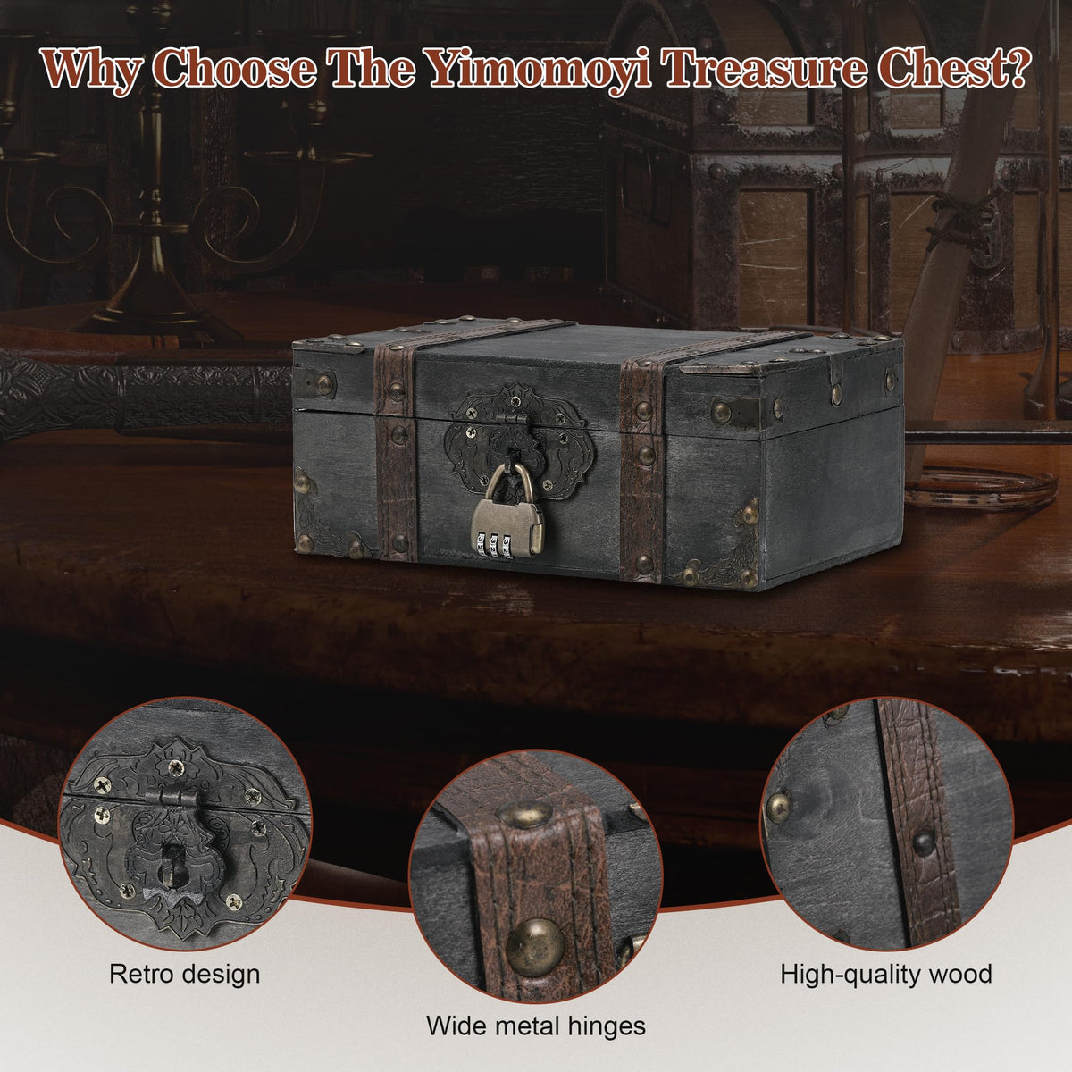 Pirate Treasure Chest, Wooden Treasure Chest with Lock, 23.5x16x10cm