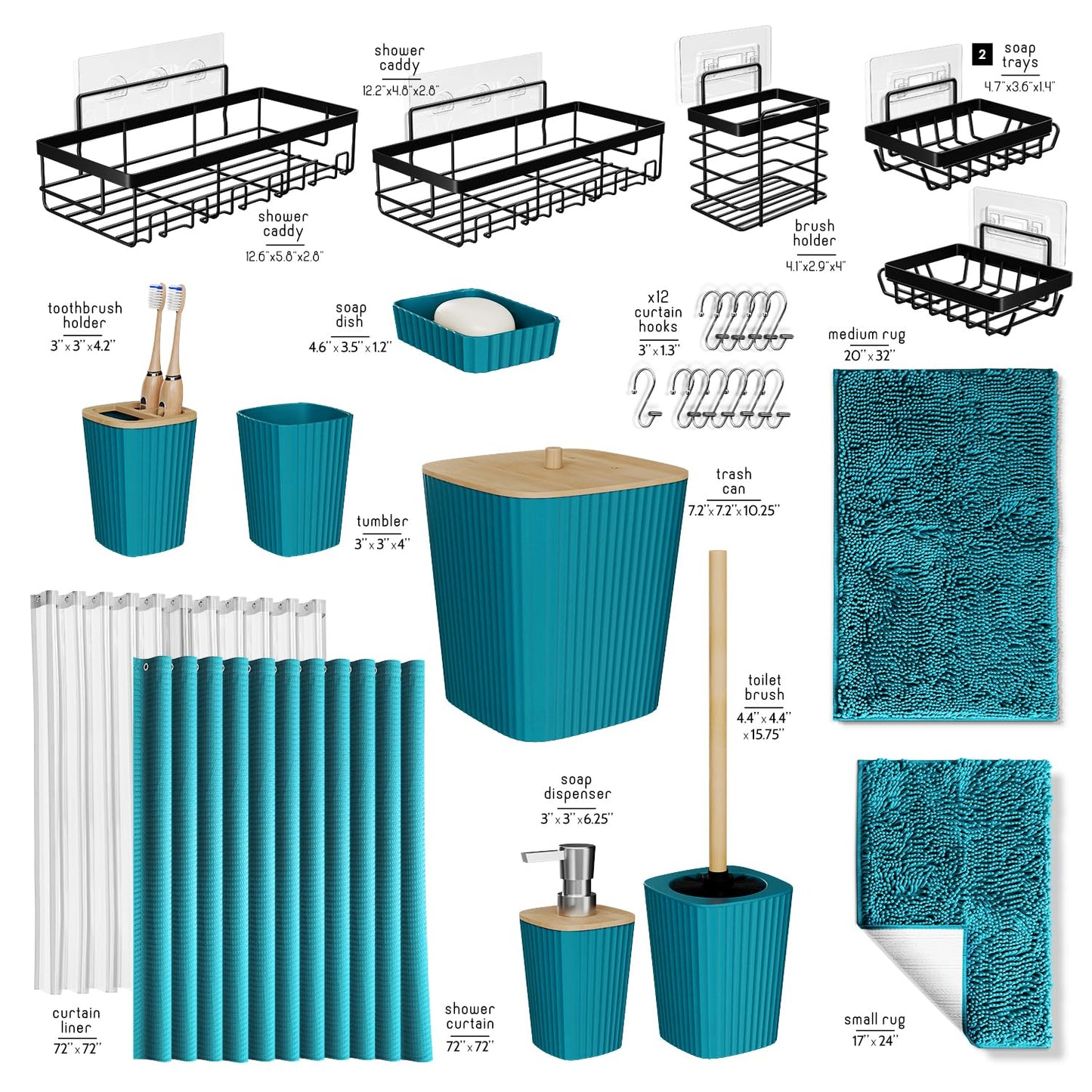 Shower Caddy and Bathroom Accessories Set with Bath Rugs, 27PC Bathroom Accessory Set with Shower Caddies Teal Bath Rugs, Shower Curtain Set