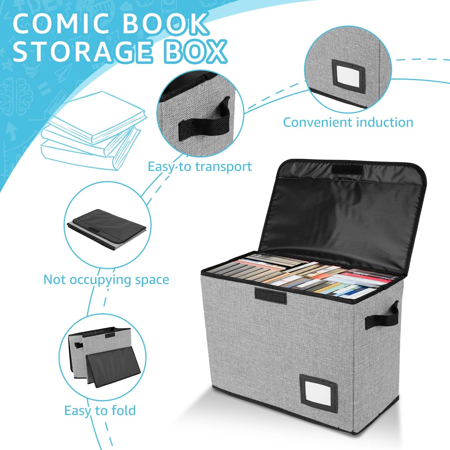 Comic Book Storage Box 15.74x7.87x11.8 inch Foldable Comic Book Bin Washable Integrated Comic Book Organizer Box with Lid Comic Book Display with
