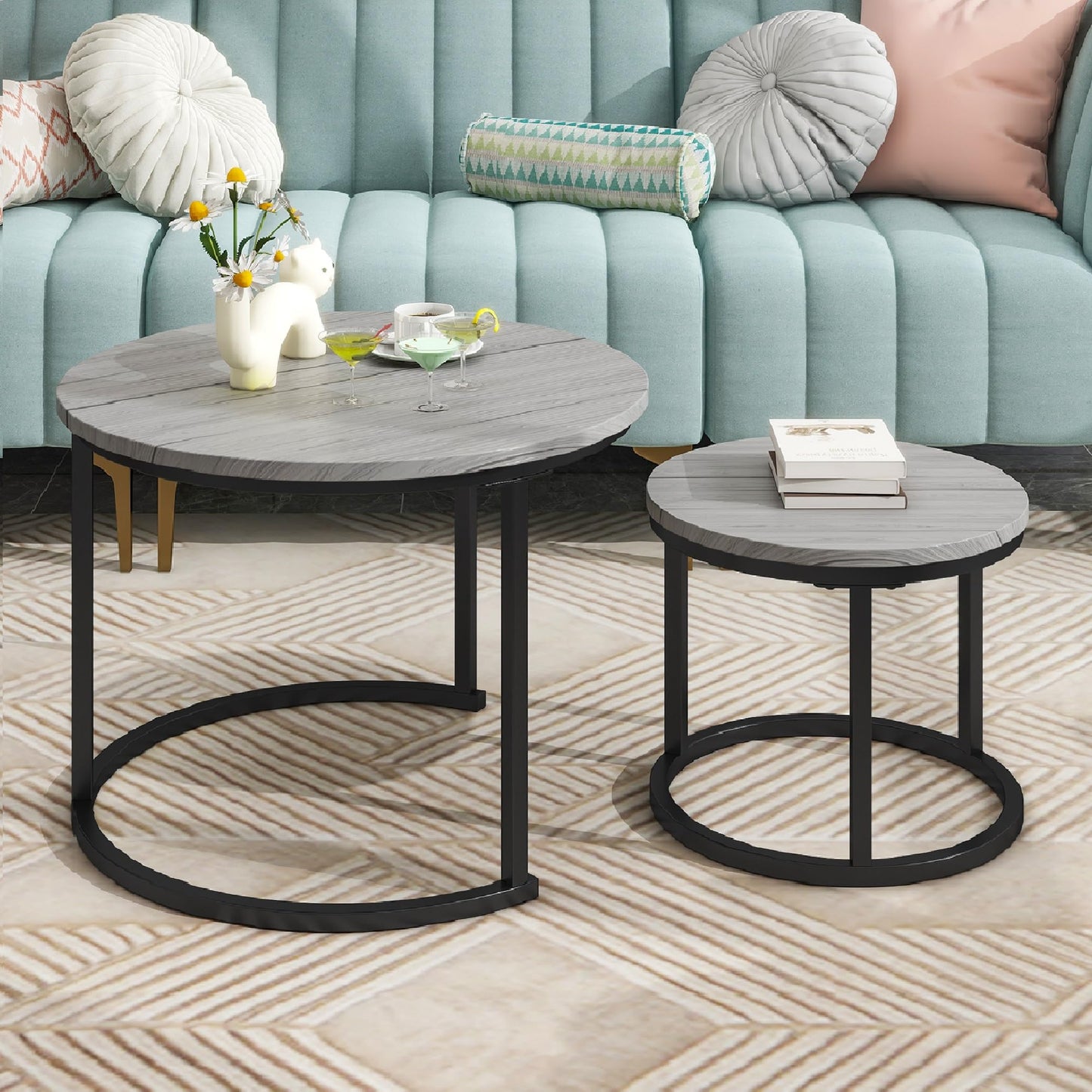 DUMEE Round Coffee Table, Set of 2 Nesting Table Side Table, for Living Room/Bedroom/Balcony (Grey, Dia 60/40cm)