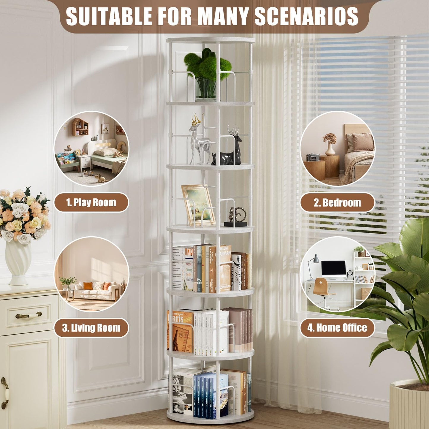 OCTORO 6 Tier Rotating Bookshelf, 360° Corner Bookshelf Tower, Round Revolving Bookcase with Adjustable Levels, Spinning Book Shelf for Home Office