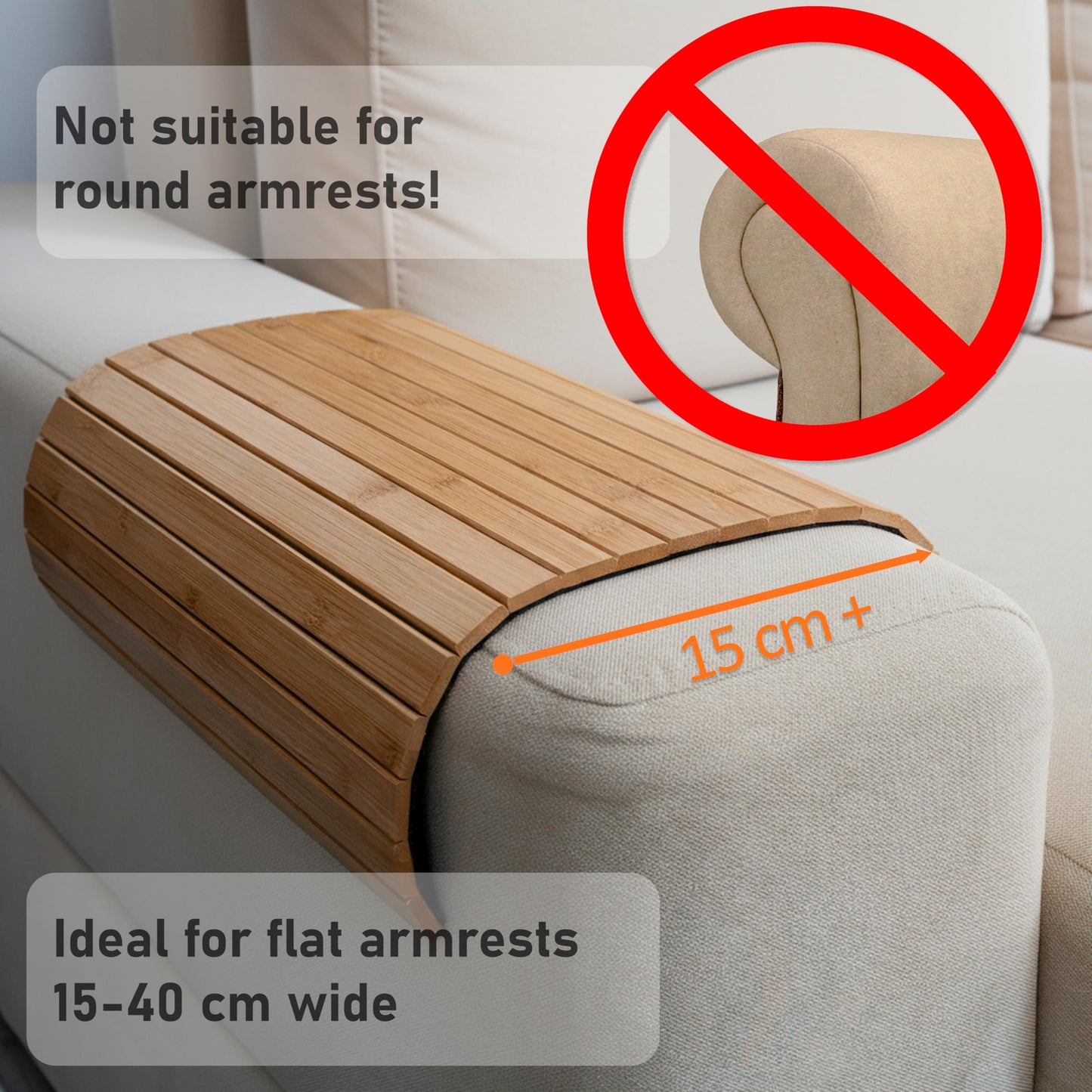FeinNest Sofa Tray - Flexible Bamboo Couch Armrest Organiser with Non-Slip Base 41.5 x 34 cm Natural Wood Gift Packaging (For Square Backrests Only)