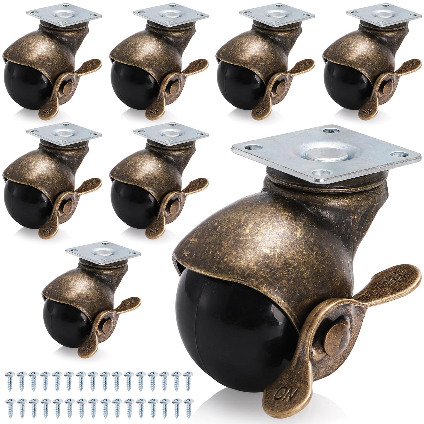 Goaste 8 Pack 50mm Ball Caster Wheels, Antique Brass Swivel Casters with Brakes, Vintage Spherical Ball Casters with Sockets