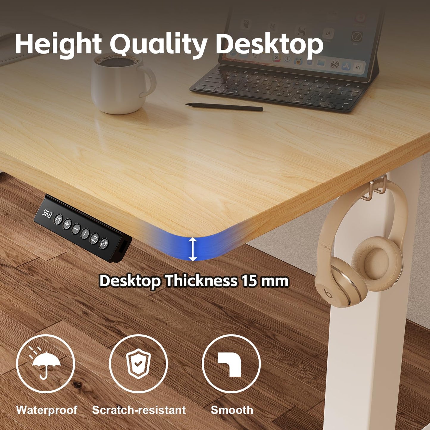 JUMMICO Height Adjustable Desk COMPLETE TABLE TOP Electric Desk Height Adjustable with Memory Function Standing Desk Computer Desk 160 x 60 cm, Beige