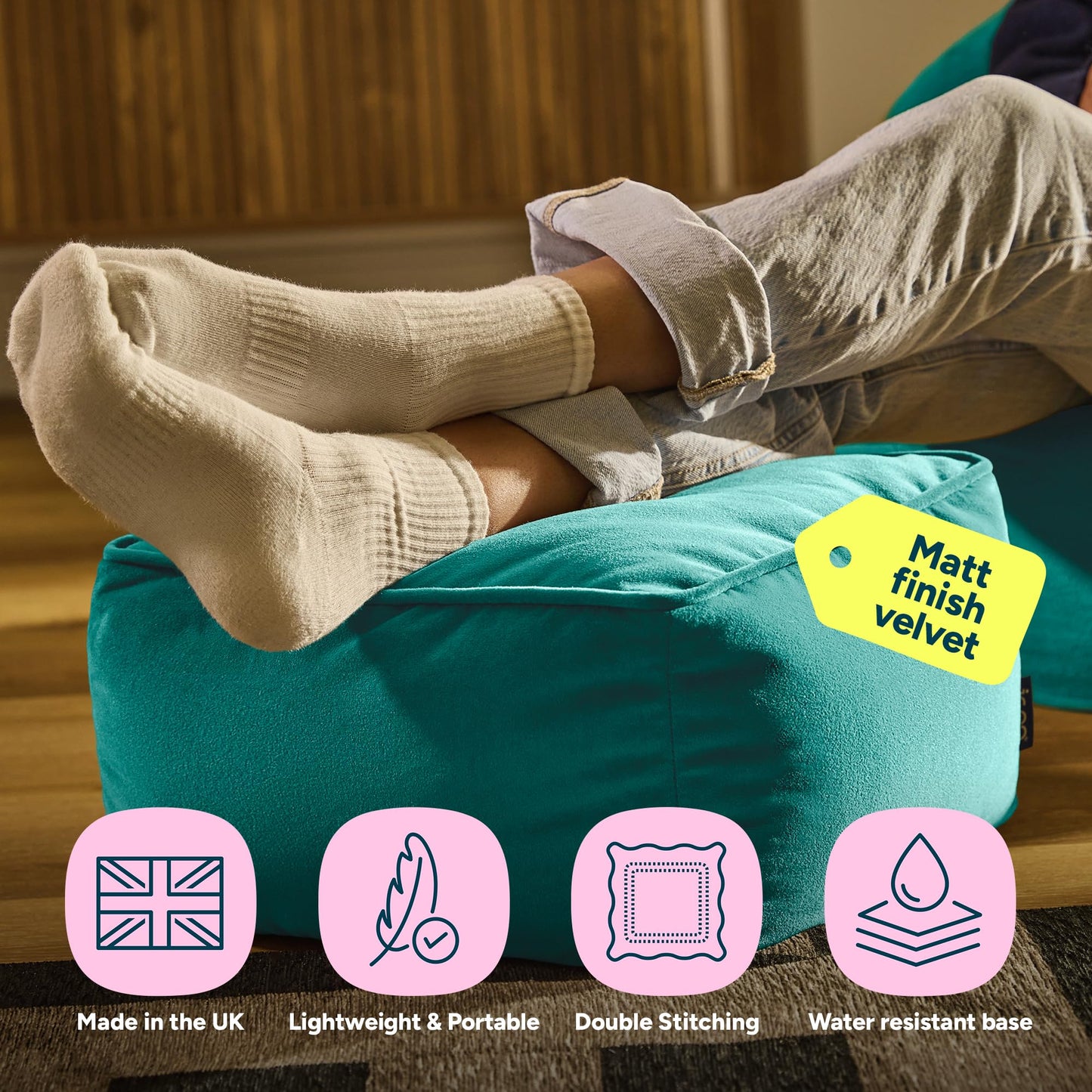icon Amara Velvet Small Bean Bag Footstool with Filling Included, Teal