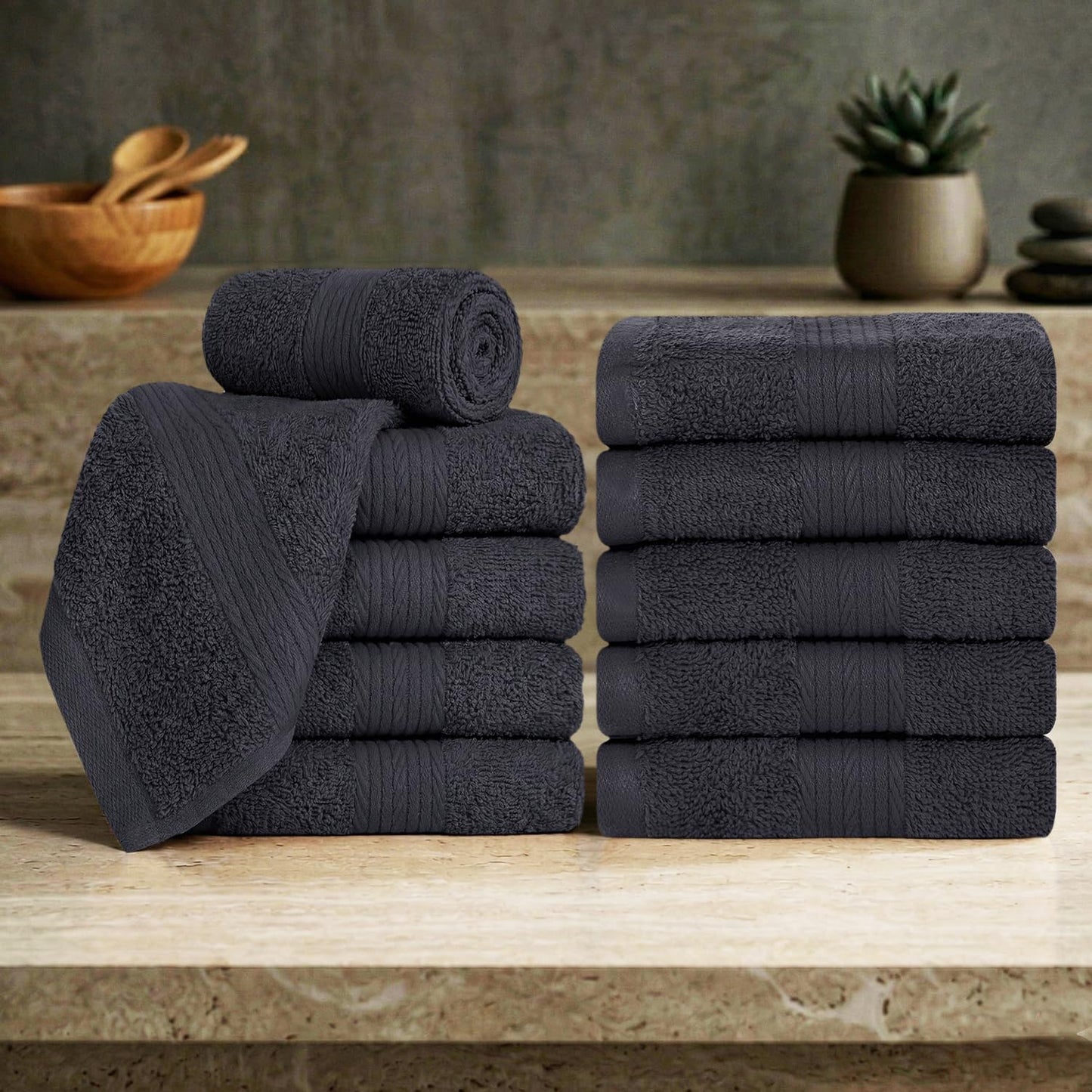 Ample Decor Cotton Washcloths Set 10, 30 X 30 cm, 100% Cotton Premium Quality Flannel Face Cloths, Highly Absorbent Fingertip Towels - Grey