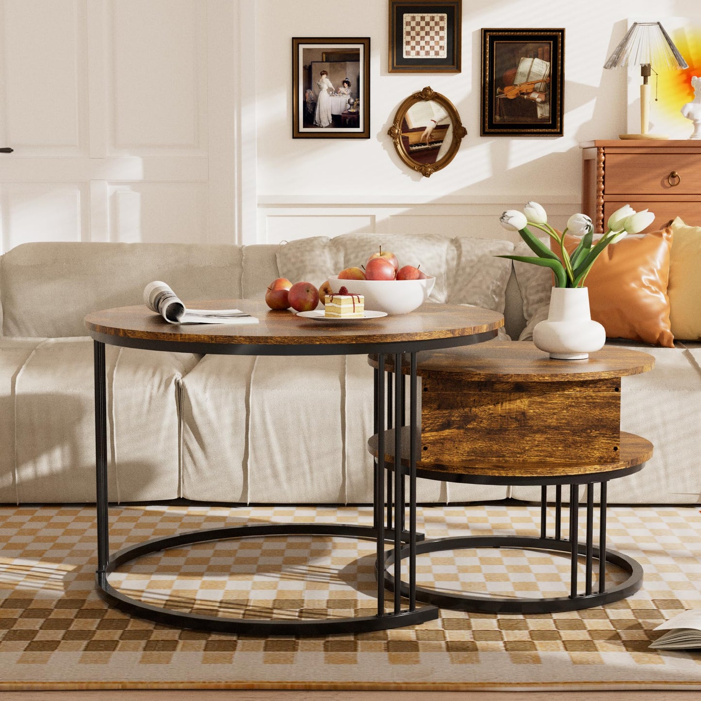 PURFINO Round Coffee Table - 70cm/50cm Nesting Tables Set of 2, Hydraulic Lift-Top with Hidden Storage, Centre Table for Living Room, Small Space