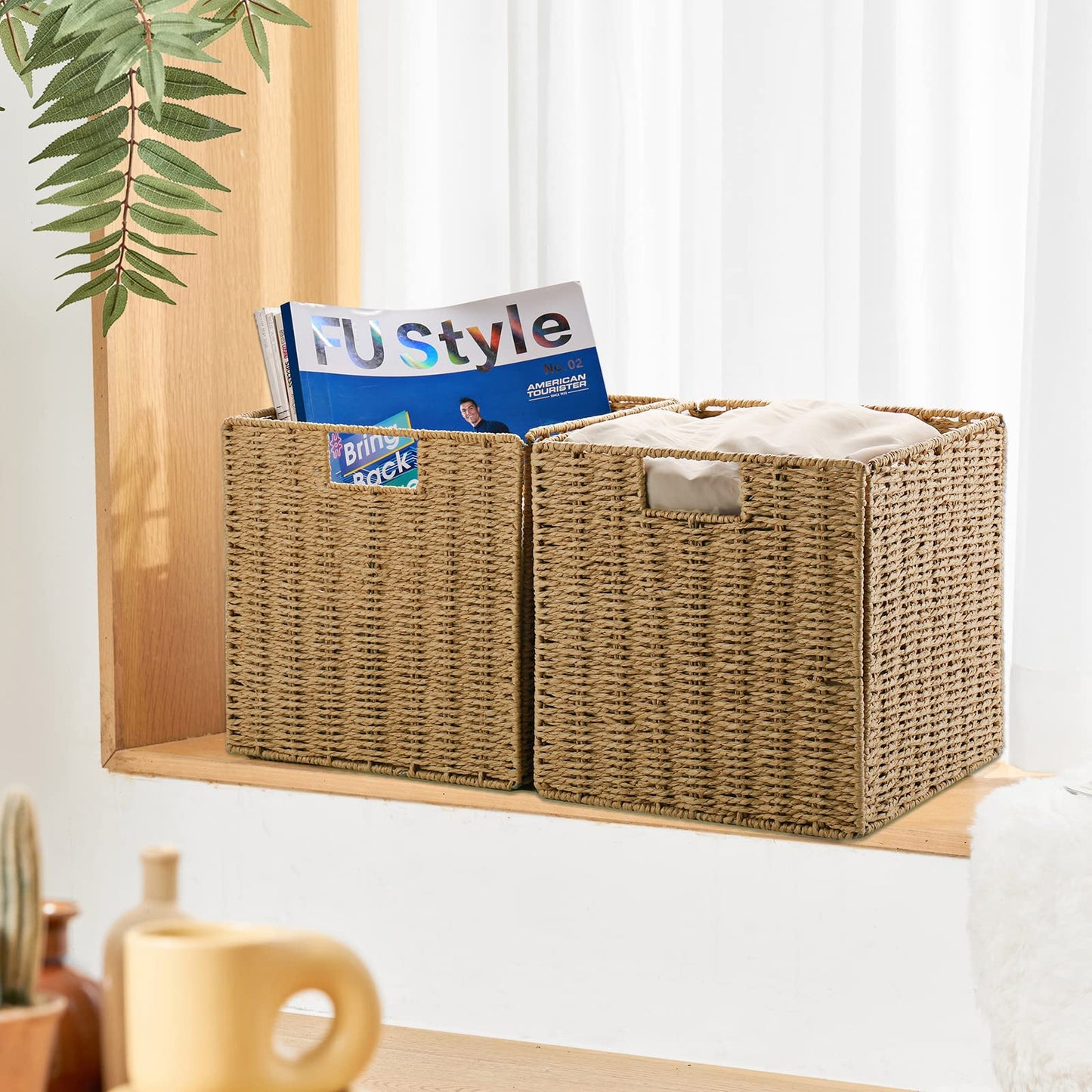 Vagusicc Wicker Storage Basket, Set of 2 Handwoven Wicker Basket for Storage, Foldable Storage Baskets Organizer Bins with Handles for Shelves