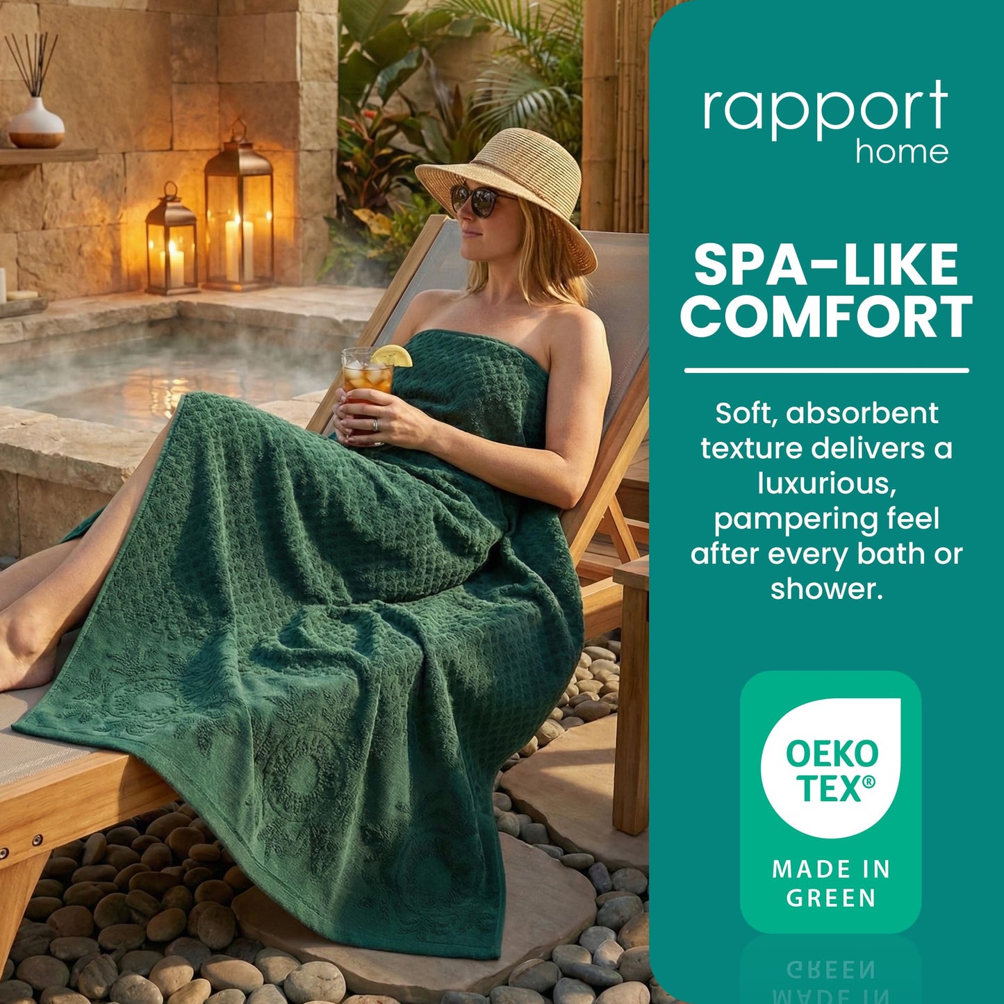 Rapport Home Versailles Jacquard Bath Sheets 2 Pack | Jade Green 90x140cm | Luxurious 500GSM 100% Cotton