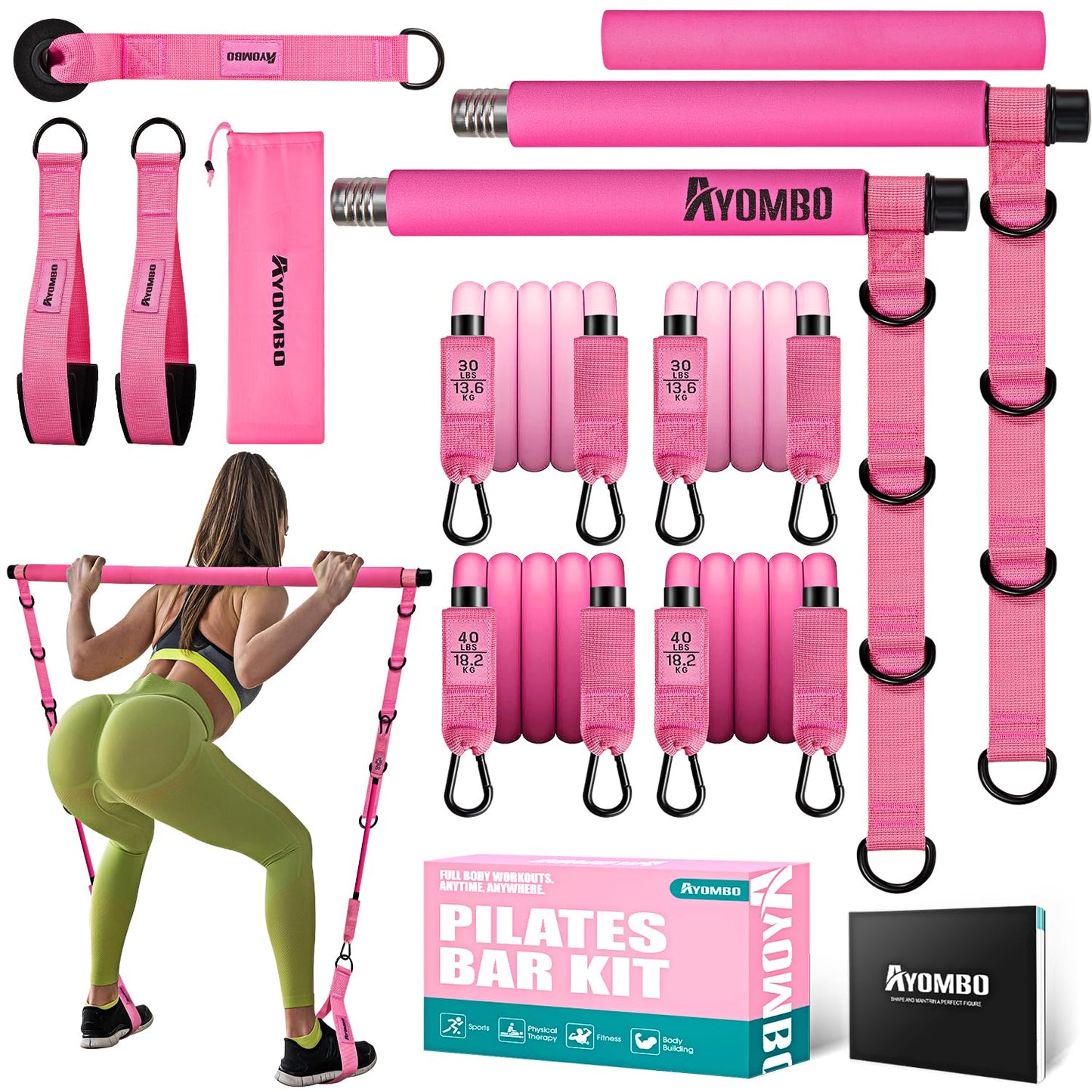 Pilates Bar Kit with Resistance Bands, Pilates Workout Equipment for Legs, Hip, Waist, Arm, Squats Exercise Equipment for Home Workouts, Adjustable