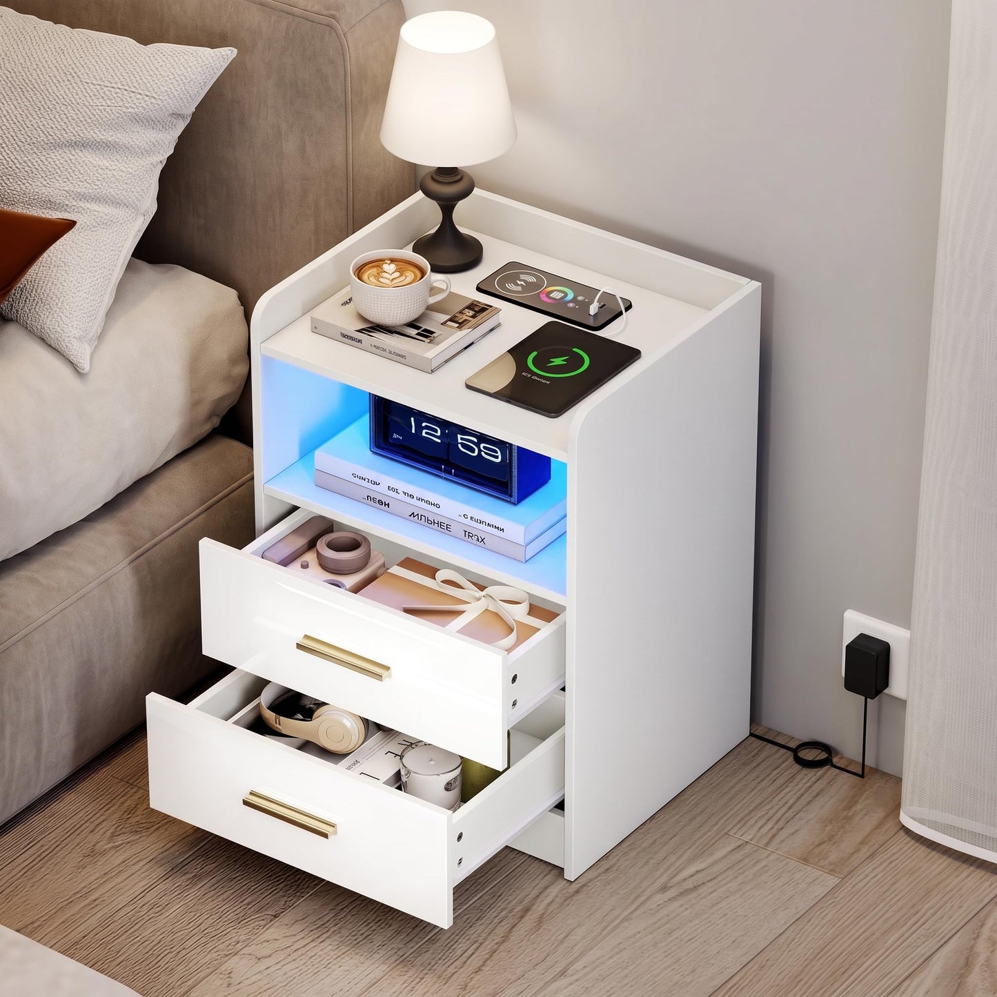 Quikraen Bedside table with 2 Drawers, wireless charging and LED light