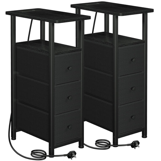 LOAKEKEL Slim Bedside Table Set of 2 with Charging Station, Narrow Side Table with 3 Fabric Drawers, Sofa Table with Open Storage Shelf, Nightstand